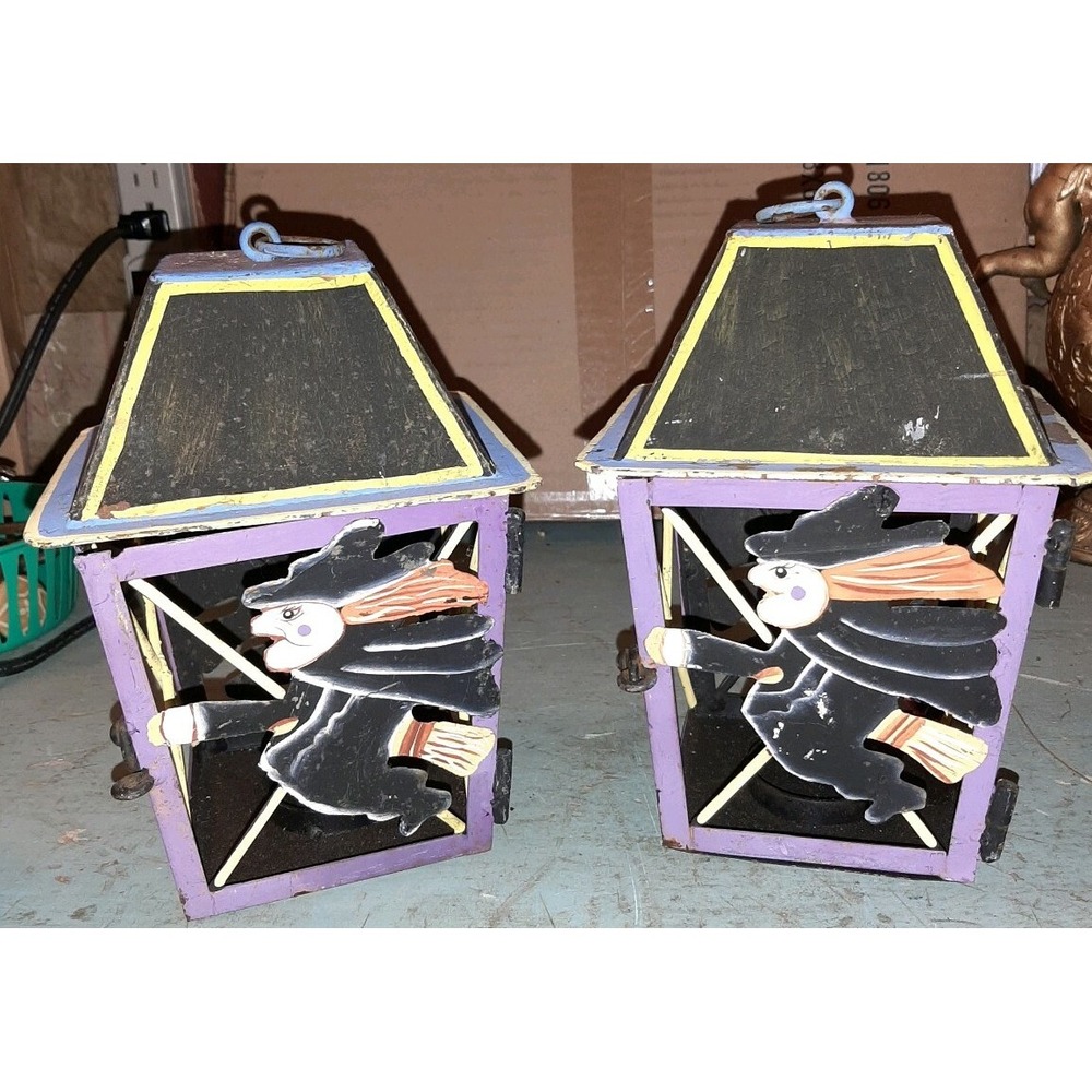 Very Rare Pair Vintage Halloween Witch Handpainted Metal Hanging Candle Holder